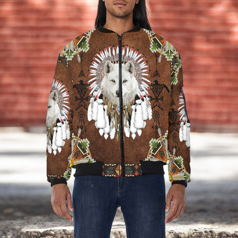GB-NAT00745 Wolf Native American Bomber Jacket With Sleeve Pocket