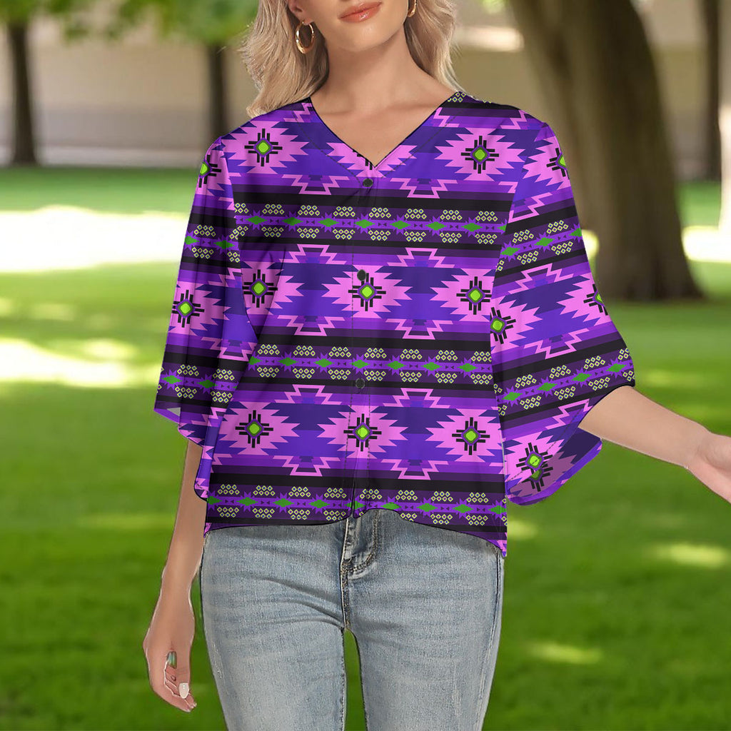 GB-NAT00753 Native American Women V-Neck Batwing Sleeve Button Top