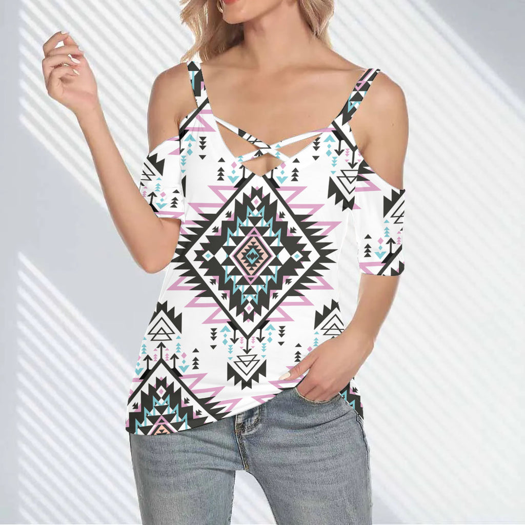 GB-NAT00762 Native American Women Cold Shoulder Criss Cross T-shirt