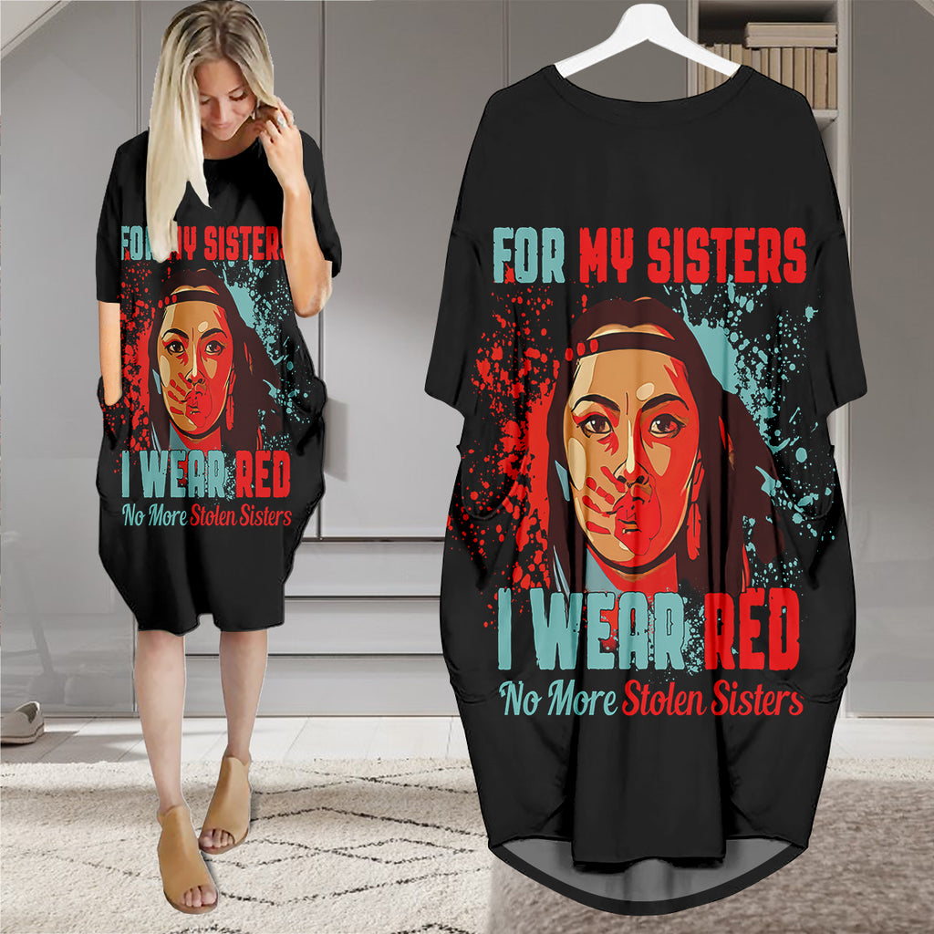 GB-NAT00772 I Wear Red For My Sisters Native American Batwing Pocket Dress