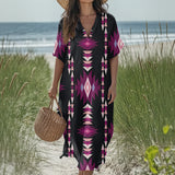 GB-NAT00773 Native American Women Loose V-Neck Summer Dress
