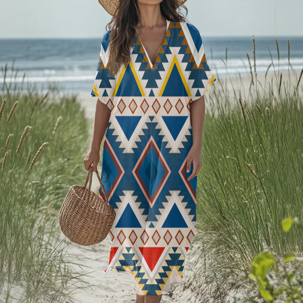 GB-NAT00775 Native American Women Loose V-Neck Summer Dress