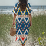 GB-NAT00775 Native American Women Loose V-Neck Summer Dress