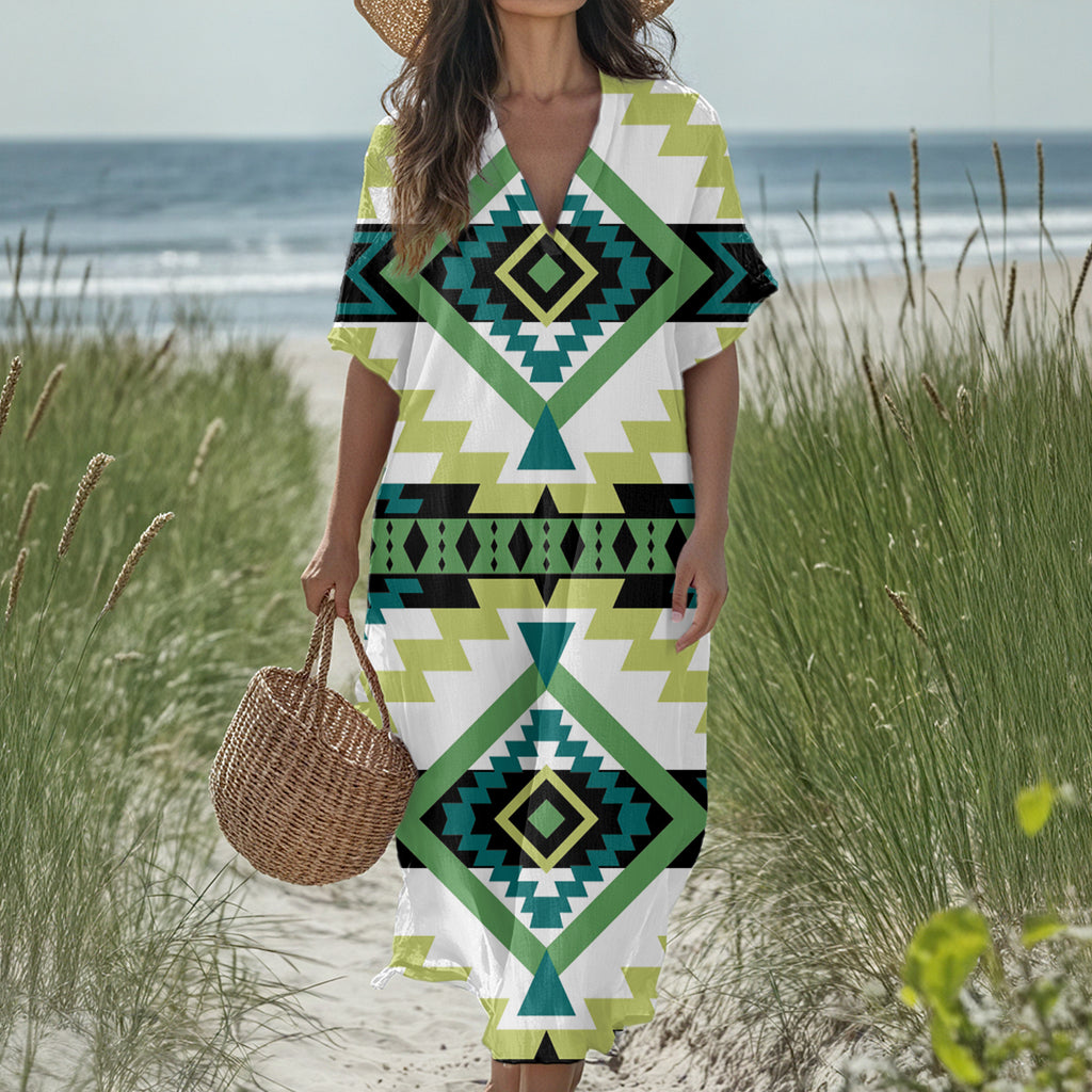 GB-NAT00779 Native American Women Loose V-Neck Summer Dress