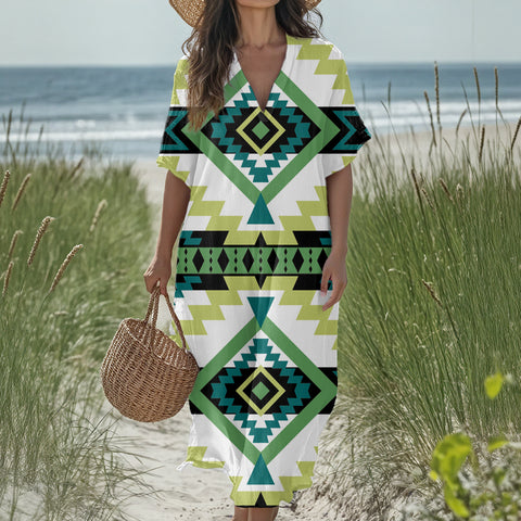 GB-NAT00779 Native American Women Loose V-Neck Summer Dress