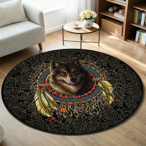 Wolf Dreamcatcher Round Quilt Native American-Inspired Area Rug – GB-NAT00790