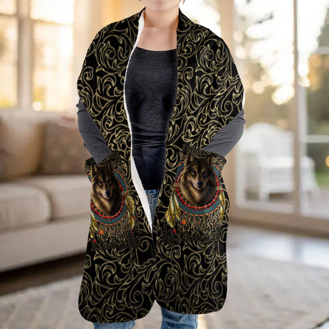GB-NAT00790 Wolf Mandala Native American Fleece Pocket Scarf