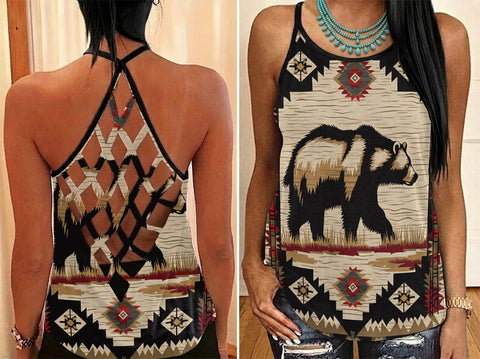 GB-NAT00900 Bear Native American Criss-Cross Open Back Tank Top