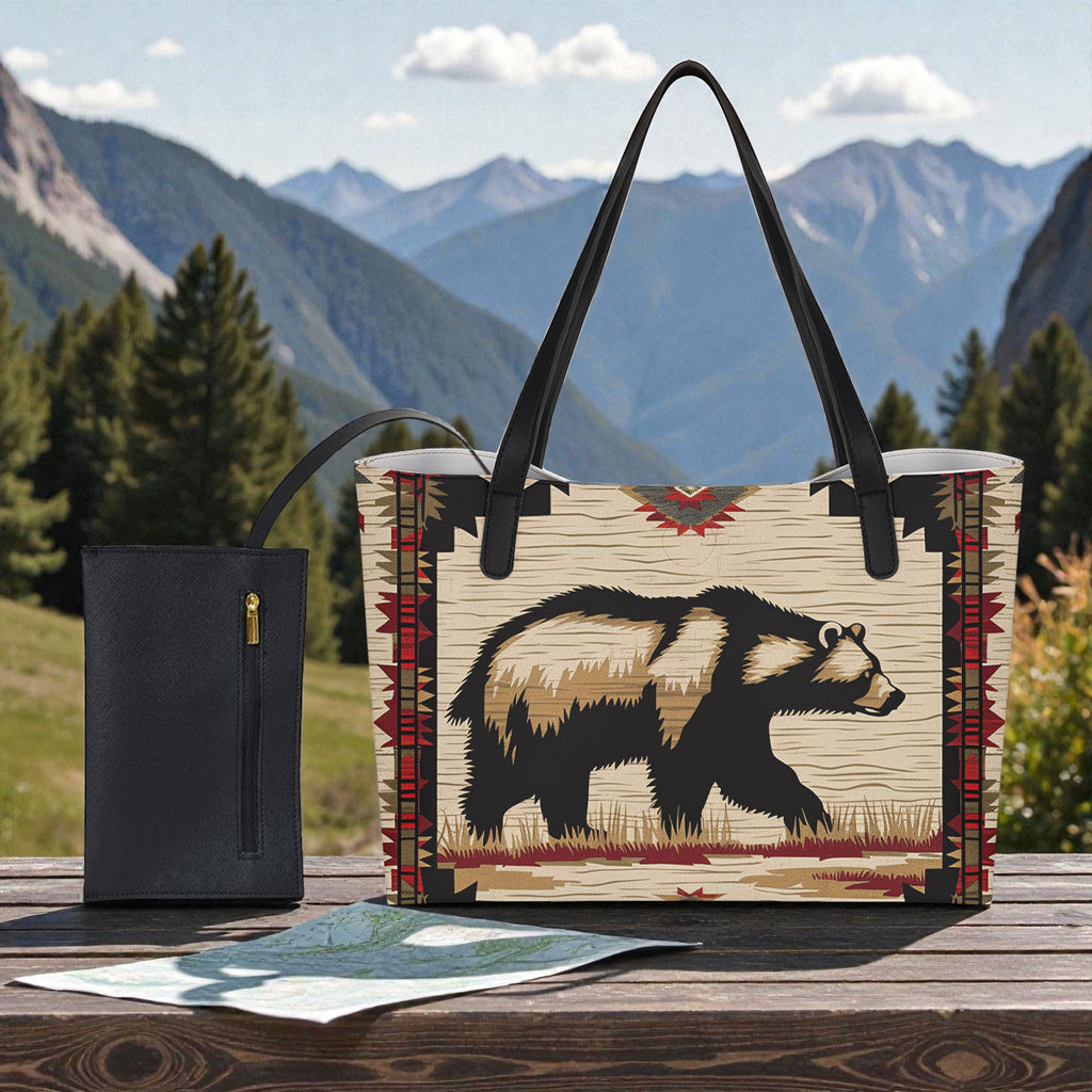 GB-NAT00900 Bear Native American Shopping Tote Bag With Black Mini Purse