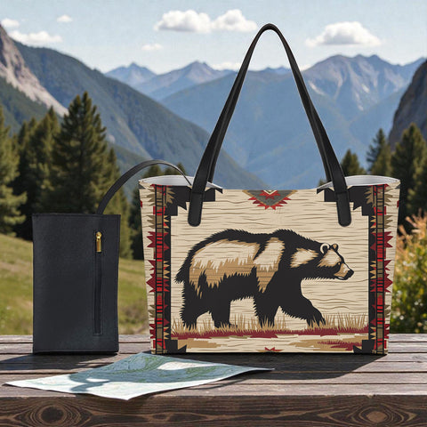 GB-NAT00900 Bear Native American Shopping Tote Bag With Black Mini Purse