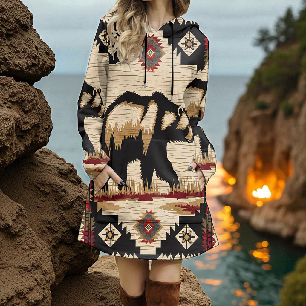 GB-NAT00900 Bear Native American Women Longline Hoodie Dress