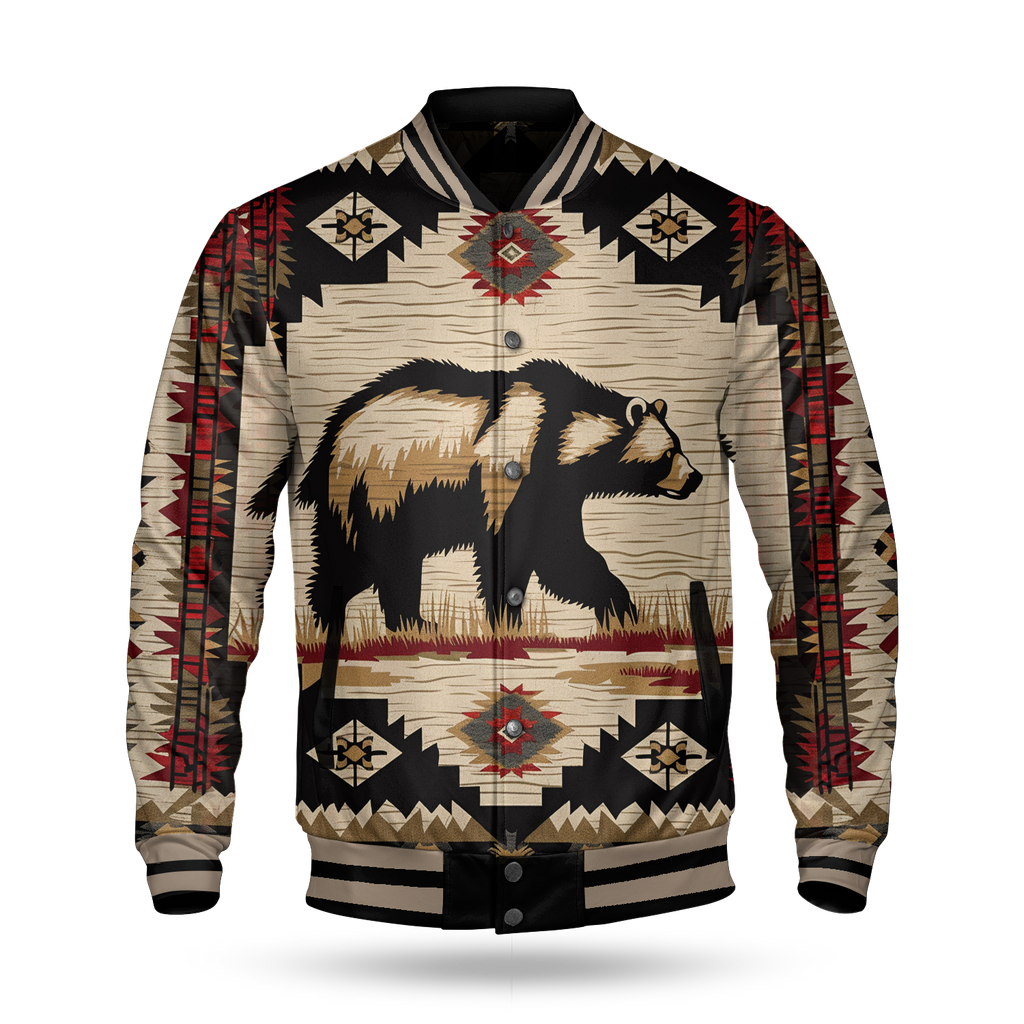 GB-NAT00900 Bear  Pattern Native American Baseball Jacket