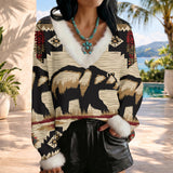 GB-NAT00900 Native American Faux Knit V-Neck Sweater Top with Fur Trim