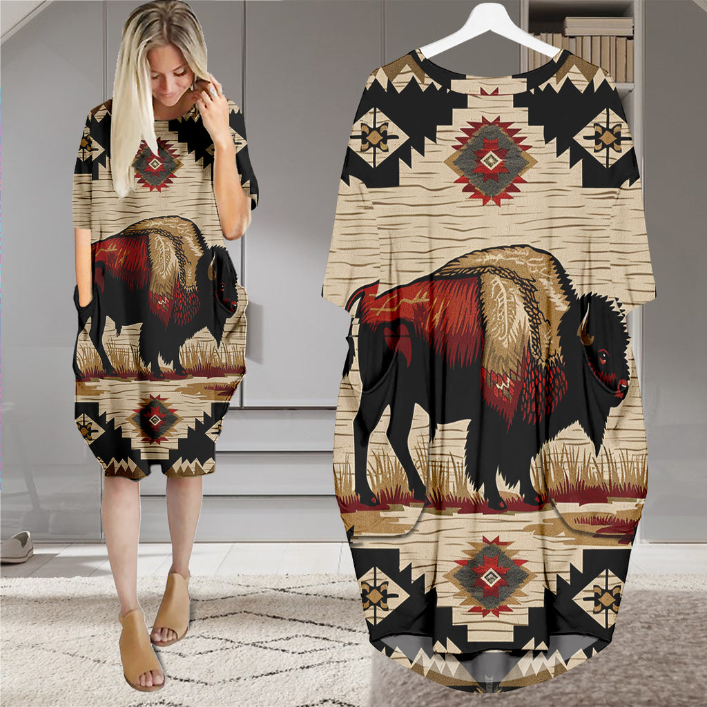 GB-NAT00902 Bison Native American Batwing Pocket Dress