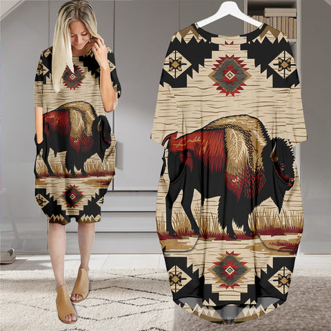 GB-NAT00902 Bison Native American Batwing Pocket Dress