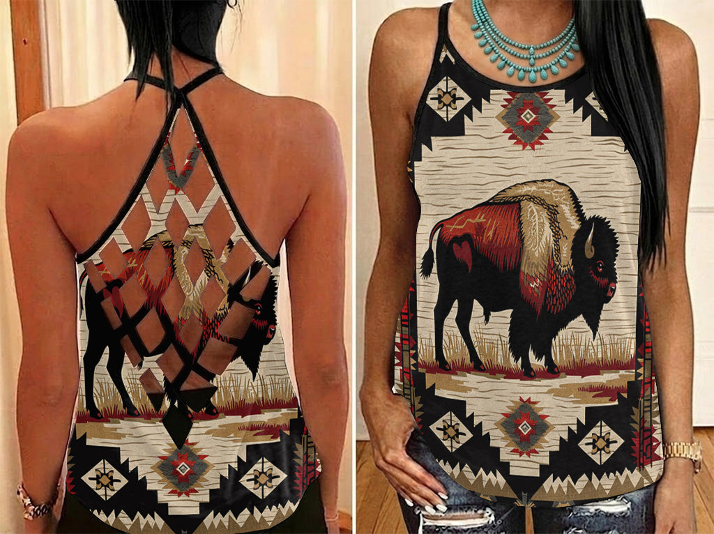 GB-NAT00902 Bison Native American Criss-Cross Open Back Tank Top