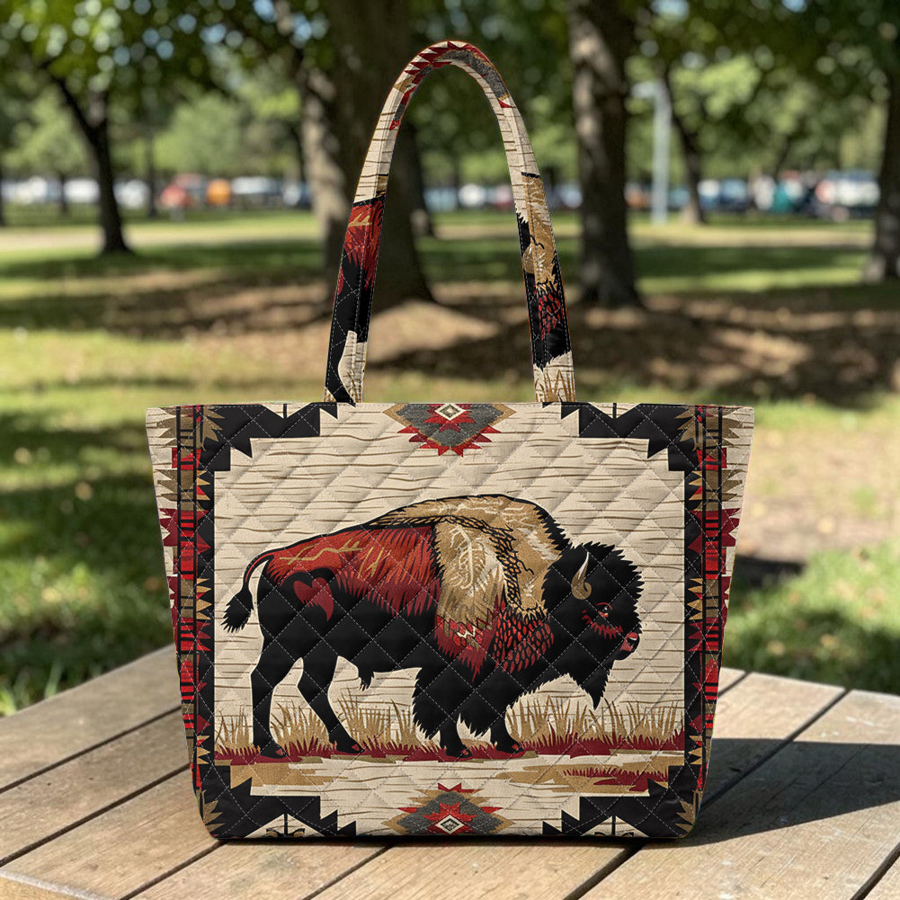 GB-NAT00902 Bison Native American Quilted Shoulder Tote Bag