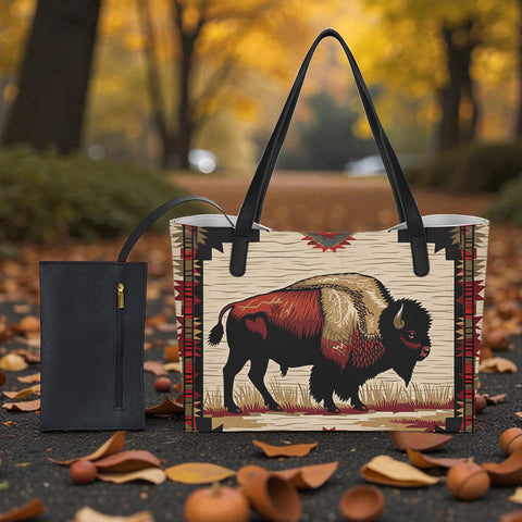 GB-NAT00902 Bison Native American Shopping Tote Bag With Black Mini Purse