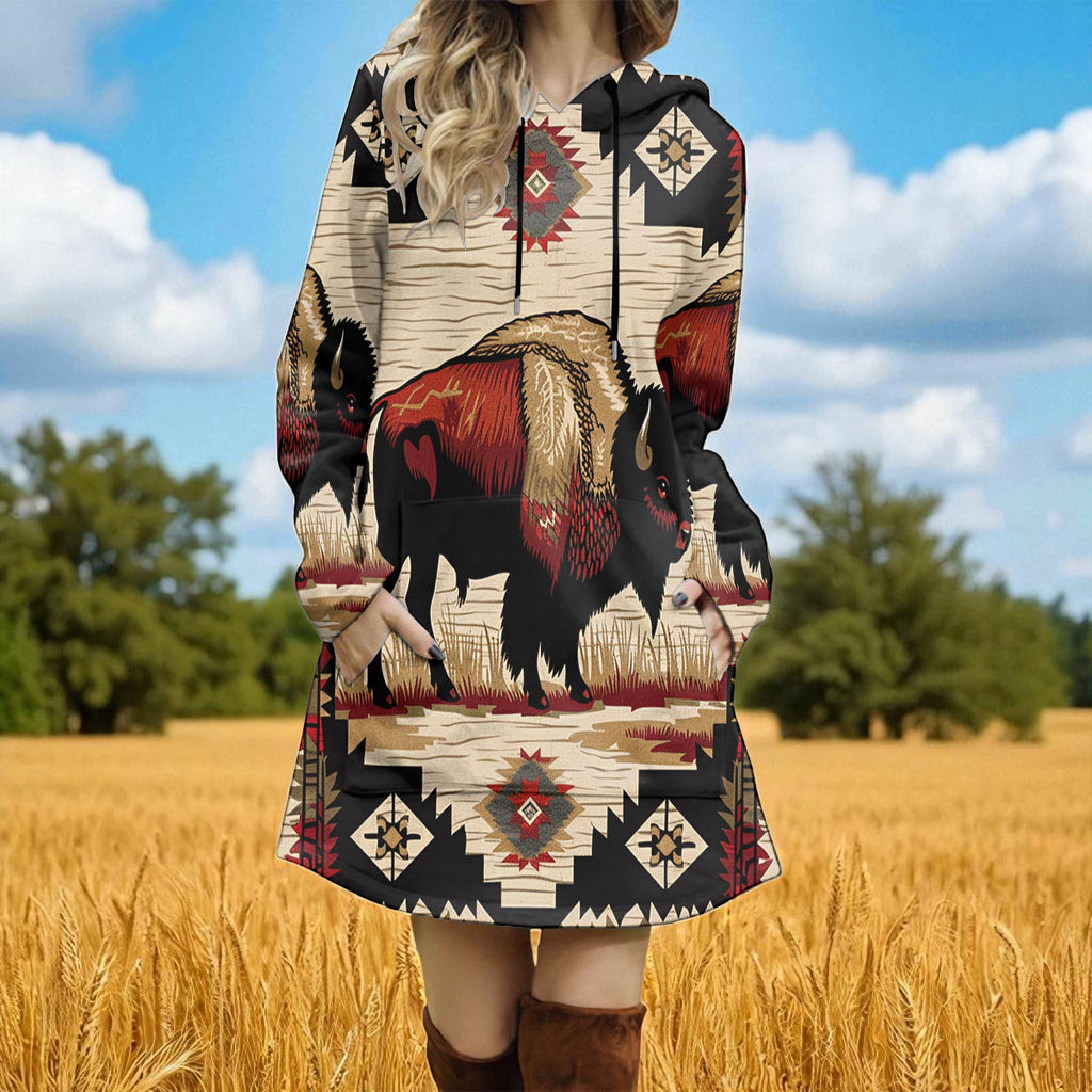 GB-NAT00902 Bison Native American Women Longline Hoodie Dress