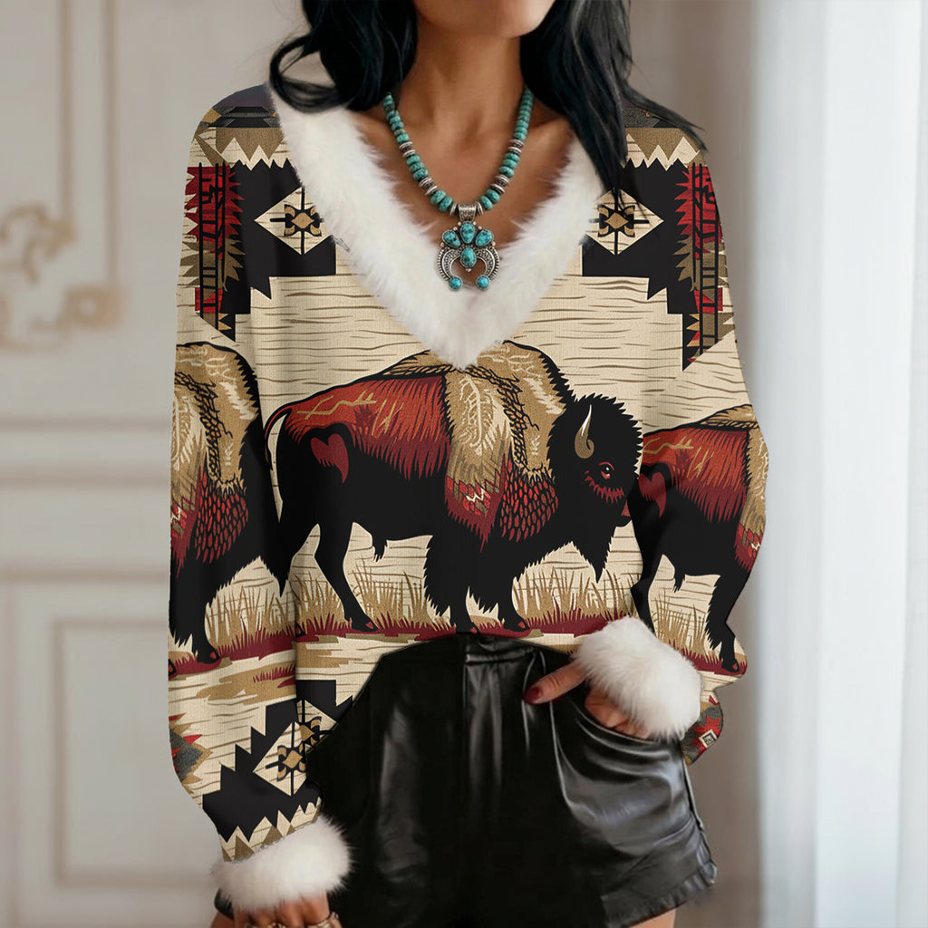 GB-NAT00902 Native American Faux Knit V-Neck Sweater Top with Fur Trim