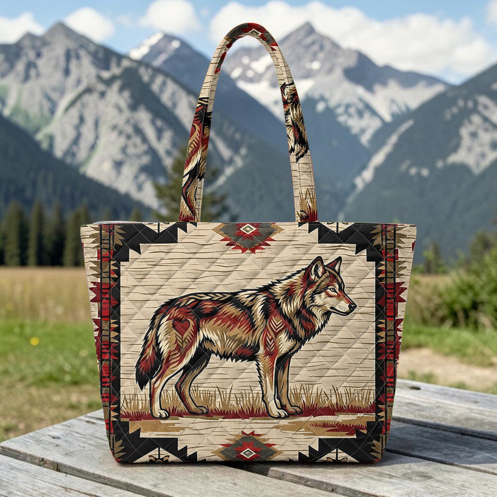 GB-NAT00902v3 Wolf Native American Quilted Shoulder Tote Bag