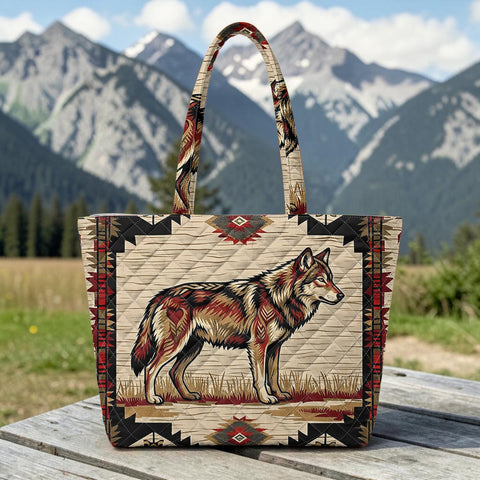GB-NAT00902v3 Wolf Native American Quilted Shoulder Tote Bag