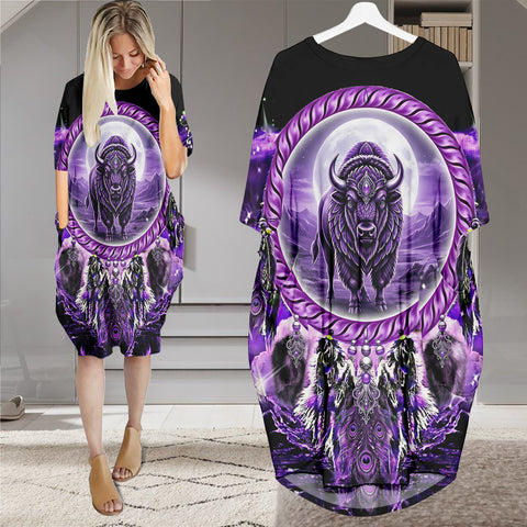 GB-NAT00908v2 Bison Dreamcatcher Native American Batwing Pocket Dress