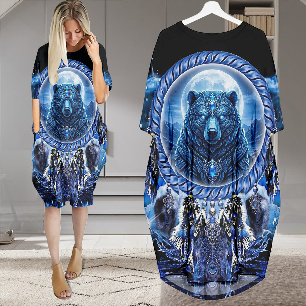 GB-NAT00908v3 Bear Dreamcatcher Native American Batwing Pocket Dress