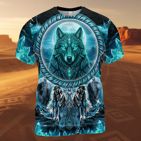 GB-NAT00908v4 Wolf Dreamcatcher Native American 3D T-shirt