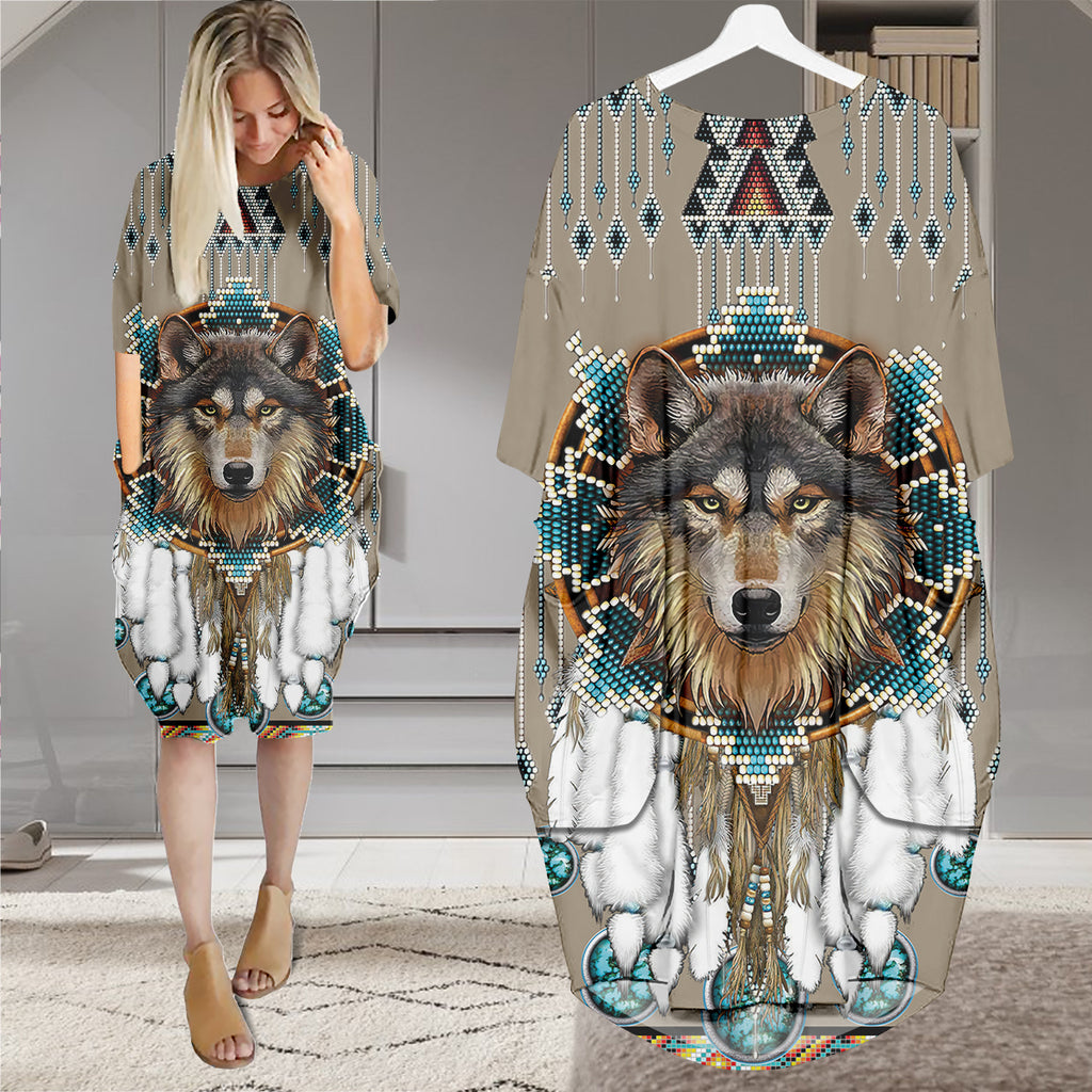 GB-NAT00910 Wolf Native American Batwing Pocket Dress