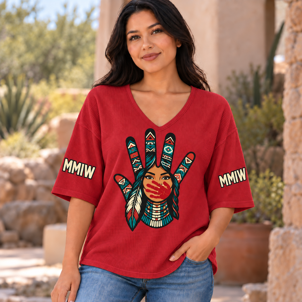 Geometric Hand Portrait Native American-Inspired Women's V-Neck 3-Quarter Sleeve Top WVS001