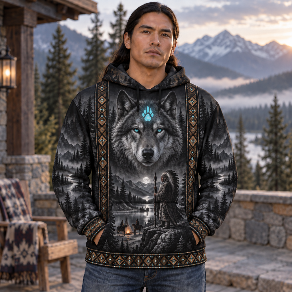 Glowing Paw Wolf Chief Native American-Inspired 3D Hoodie HD3dm013