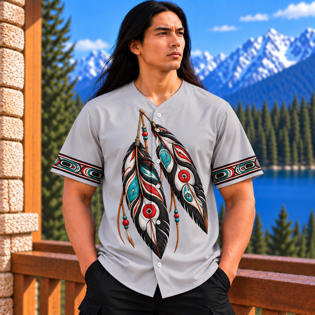 Gray Feather Tribal Native American-Inspired Baseball Jersey BSm026