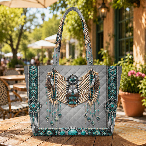 Gray Symbol Quilted Shoulder Tote Bag Native American-Inspired Home Decor – DS260724M13