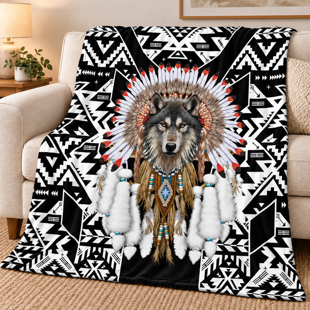 Gray Wolf Feathered Native American-Inspired Blanket BLm014
