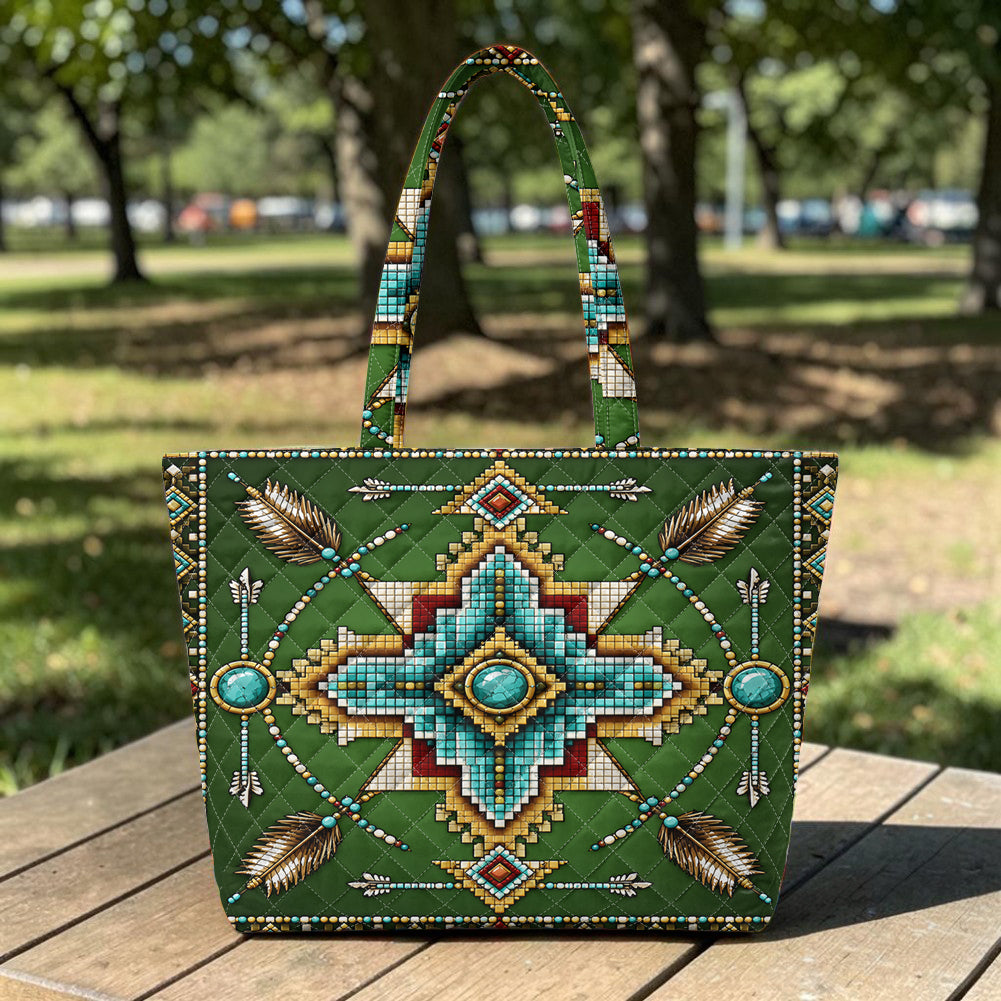 Green Symbol Native American Quilted Shoulder Tote Bag DS260730M08