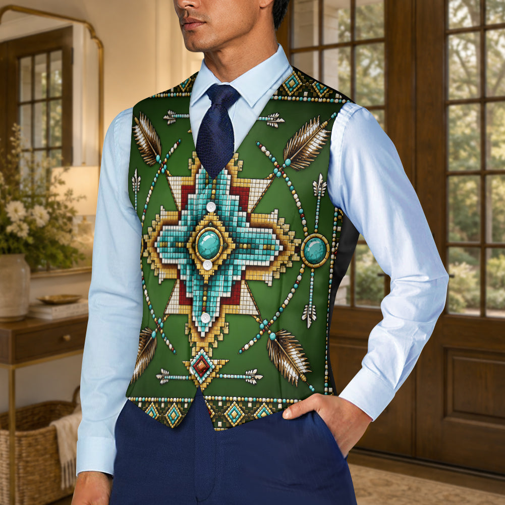 Green Symbol Native American Suit Vest Jacket Print One Side Front DS260730M08