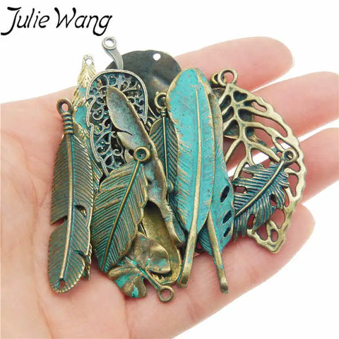 Antique Bronze Alloy Feather & Leaf Pendants (14Pcs) - DIY Jewelry & Native Craft Findings