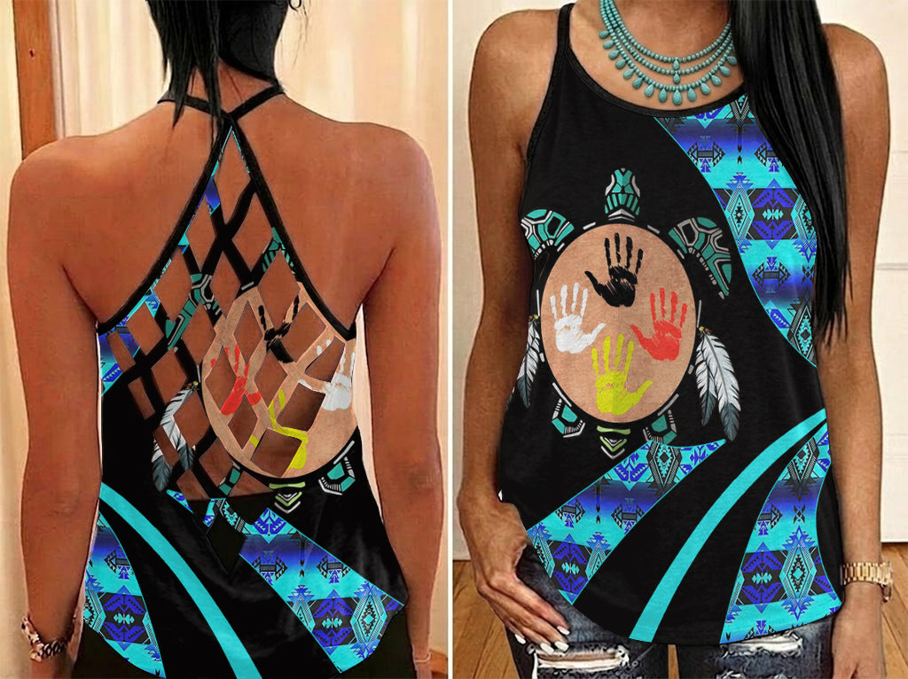 HD0012647 Tribe Turtle Native American Criss-Cross Open Back Tank Top