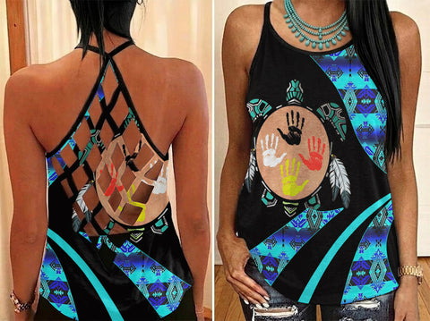 HD0012647 Tribe Turtle Native American Criss-Cross Open Back Tank Top