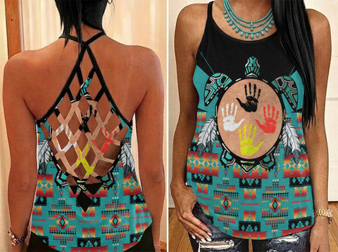 HD0012862 Tribe Turtle Native American Criss-Cross Open Back Tank Top