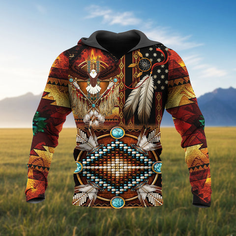 HD251101M15 Falcon and Feather Flag Native American 3D Hoodie