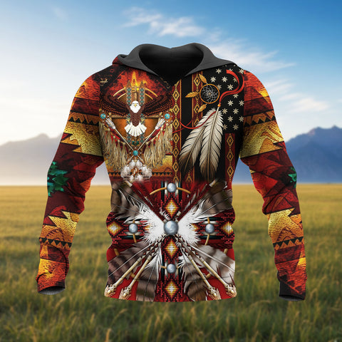 HD251101M16 Falcon and Feather Flag Native American 3D Hoodie