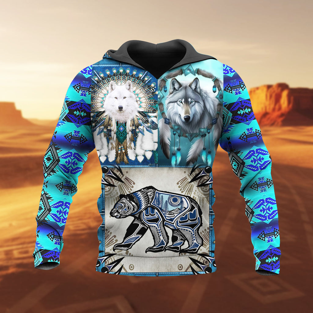 HD251111M12 Wolf and Bear Native American 3D Hoodie