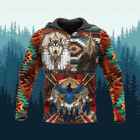 HD251111M18 Falcon and Wolf Native American 3D Hoodie