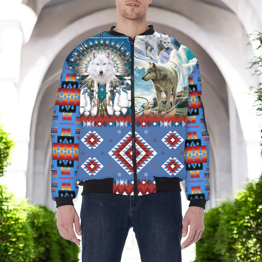 HD251113M07 Wolf Native American Bomber Jacket With Sleeve Pocket