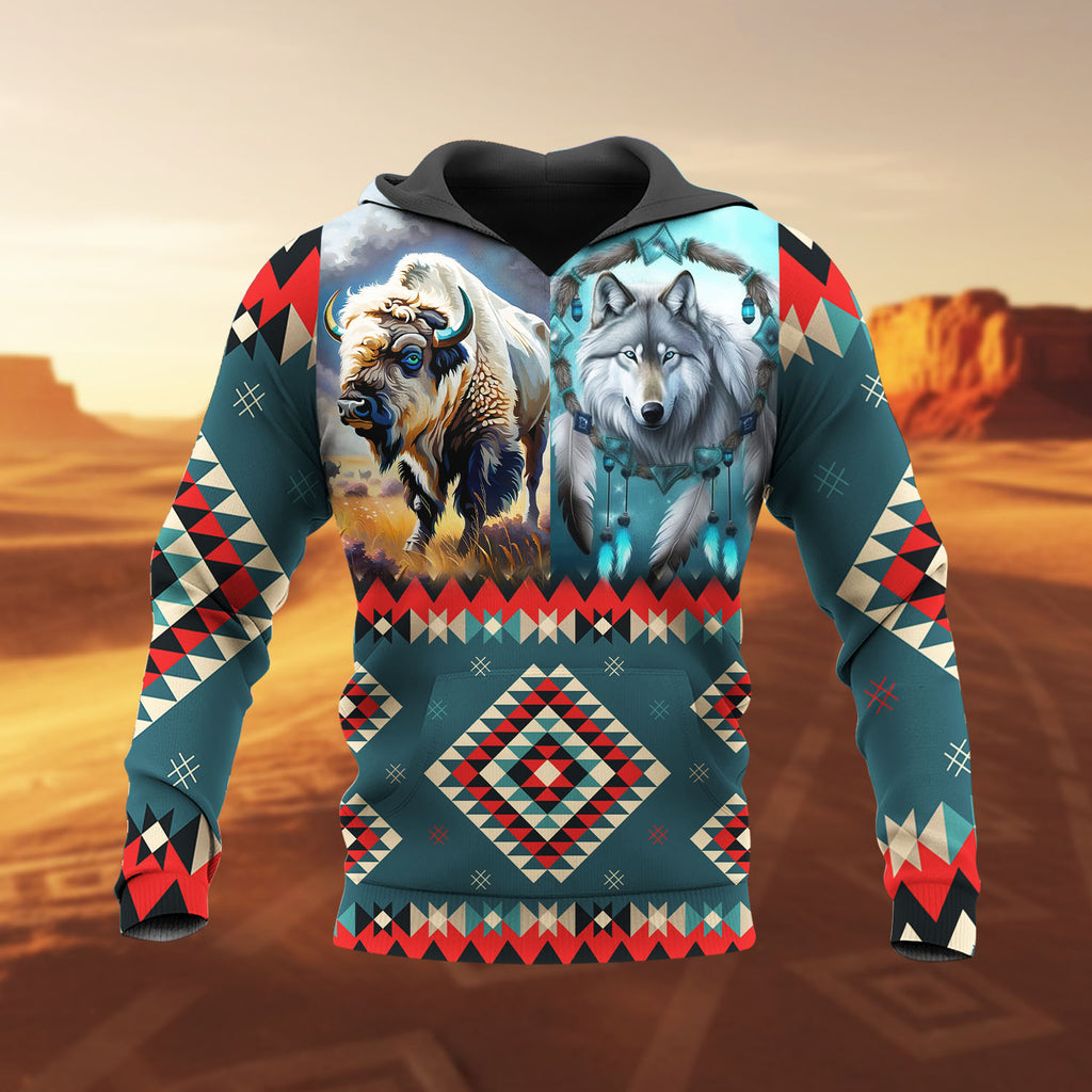 HD251113M10 Wolf and Bison Native American 3D Hoodie
