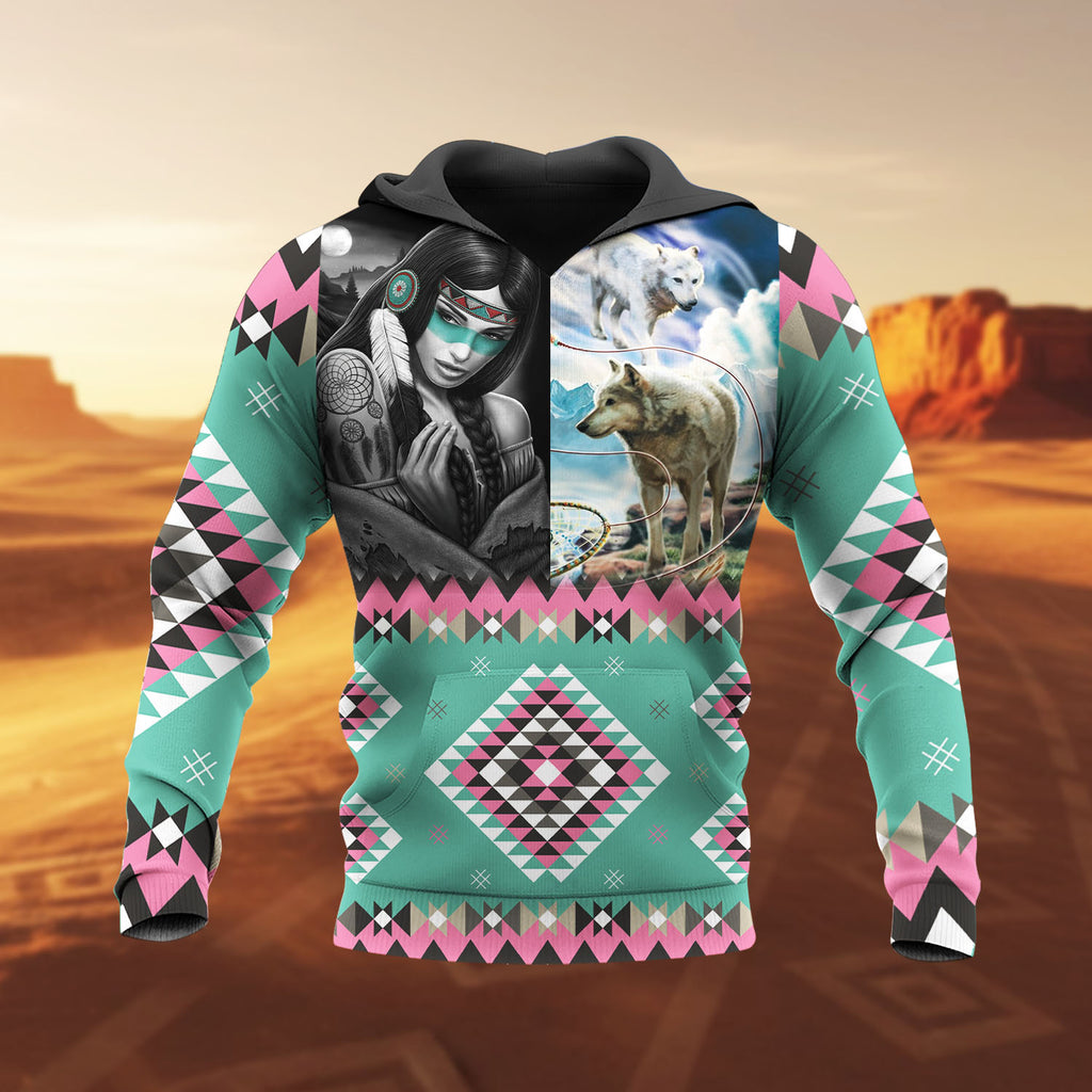 HD251113M12 Woman and Wolf Native American 3D Hoodie