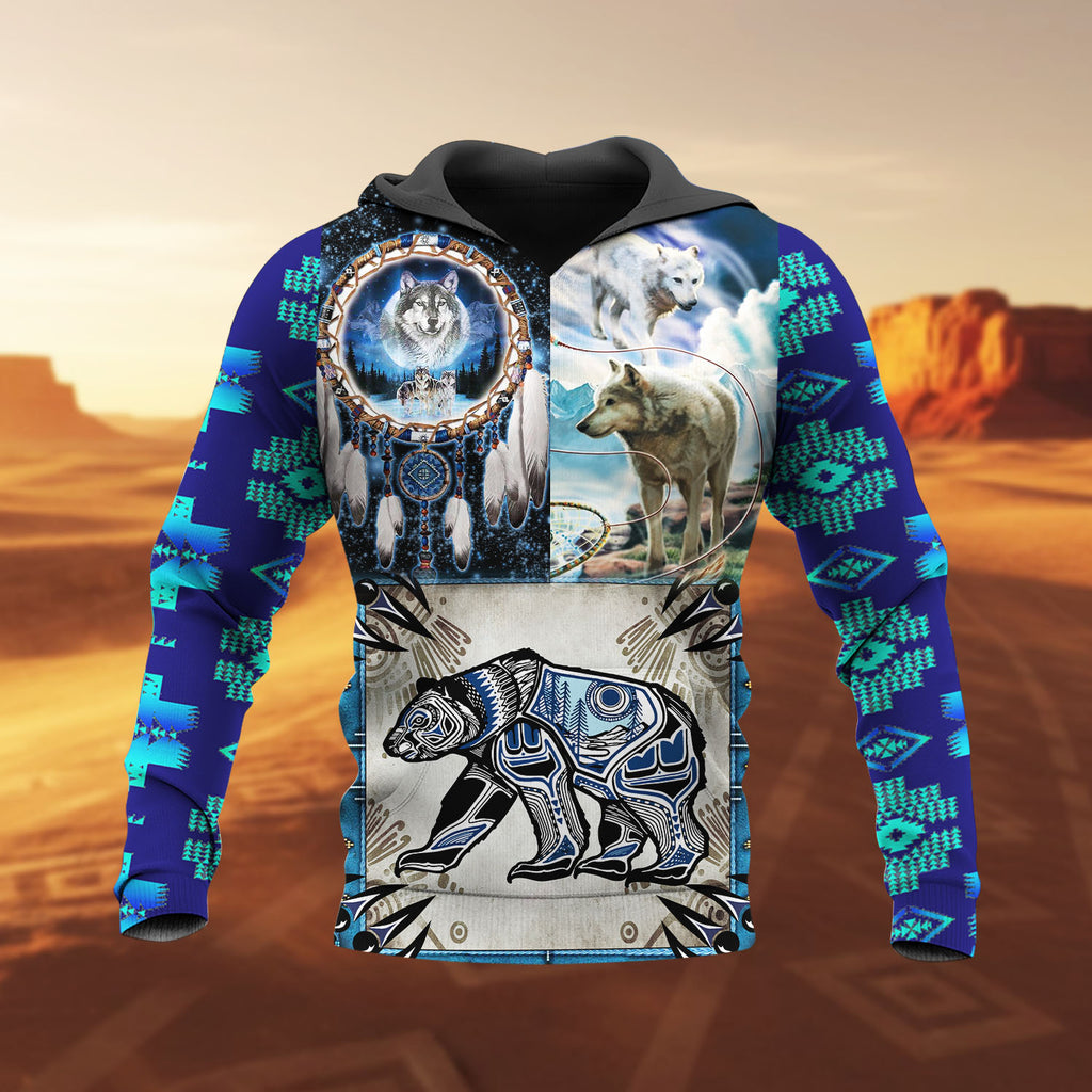 HD251113M18 Wolf and Bear Native American 3D Hoodie
