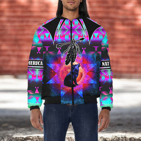 HD251114M08 Wolf Native American Bomber Jacket With Sleeve Pocket
